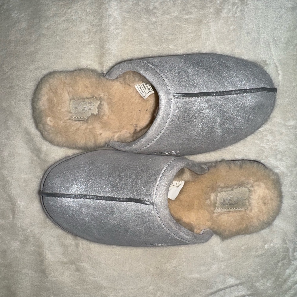 UGG Metallic Silver Shearling Slippers